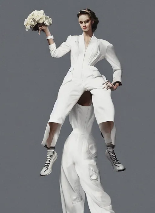 Image similar to a portrait by nick knight and norman rockwell of a beautiful girl detailed features wearing a pilot suit wedding dress synthetic materials, jumpsuits chic'techno fashion trend by nike