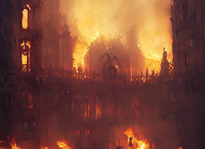 Image similar to the rich golden house burns in fire, volumetric lighting, digital painting, highly detailed, artstation, sharp focus, illustration, concept art, ruan jia, steve mccurry, amazing composition, gothic arch frame