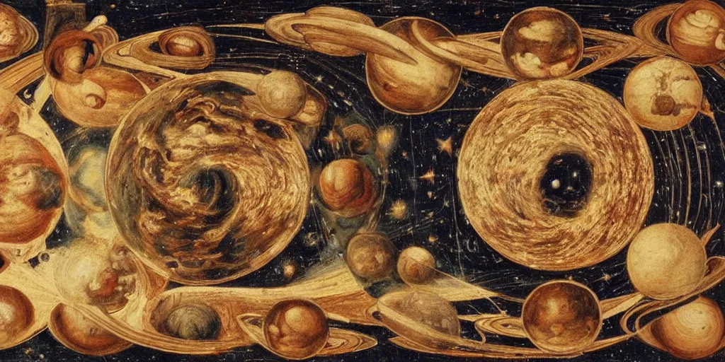 Image similar to the creation of the universe, planets and stars, in the style of leonardo da vinci