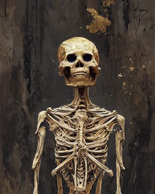 Image similar to A boney thin body girl humanoid with teared viscose clothes wearing a carved mineral mask with tiny mineral and gold incrustations. skull bones, , hyper detailed, insane details, intricate, elite, ornate, elegant, luxury, by Ismail inceoglu dragan bibin hans thoma greg rutkowski Alexandros Pyromallis Nekro Rene Maritte Illustrated, Perfect face, fine details, realistic shaded, fine-face, pretty face