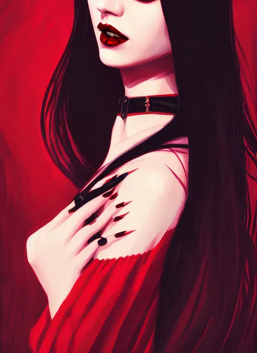 Image similar to portrait of vampire veronica lodge with bangs, vampire fangs, vampire, long hair, red clothes, bangs, vampironica, intricate, elegant, glowing lights, highly detailed, digital painting, artstation, concept art, smooth, sharp focus, illustration, art by wlop, mars ravelo and greg rutkowski