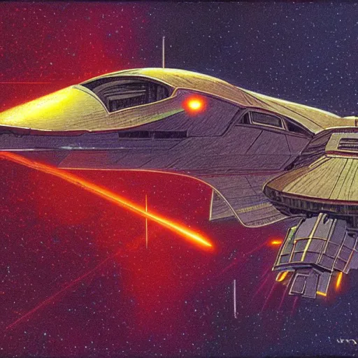 Image similar to starship destroyed by laser beam shot by another starship, 1 9 8 0 s concept art, vintage, high saturation colors, high quality, hand drawn