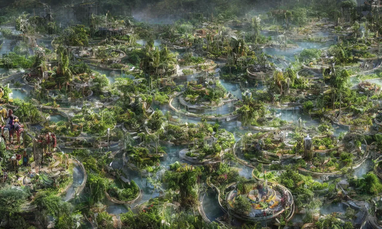 Image similar to solarpunk eco - city utopia, enchanted world, ancient nile winding river valley deep valley taken from 3 0 metres high, otherworldly, botanical garden, waterscape, overgrowing floral lush, glistening in the morning light, 8 k, cinematic shot, weta workshop, hyper realistic, cinematography by john boorman