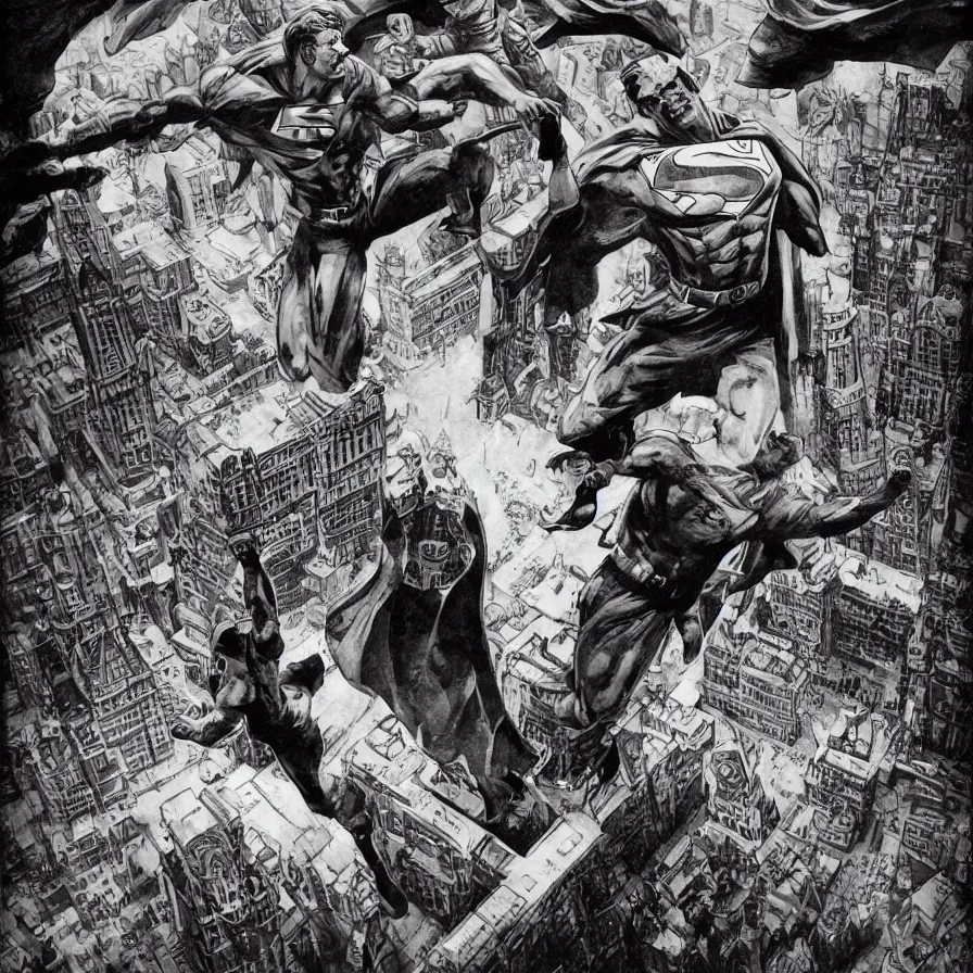 Image similar to epic comic book cover of stalin as superman floating over the red square ( moscow ), socialist realism, aesthetically pleasing, finely detailed facial features, photorealistic, intricate digital art, trending artstation, artgem, rich moody colors, fan art, concept art, in the style of the red son, by cory walker and ryan ottley