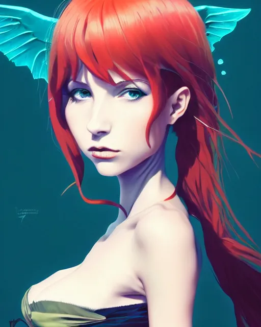 Prompt: portrait of a sea witch with fish wings, confident pose, pixie, genshin impact, majestic, satanic, sharp focus, illustration, highly detailed, concept art, matte, trending on artstation, anime, art by ilya kuvshinov, strong strokes, photo of asuna from sao