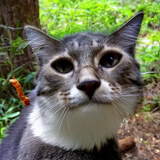 Image similar to Trailcam footage of a cat crouching down towards the camera and eating a mushroom, shot from the ground, wide lens, hyper detailed