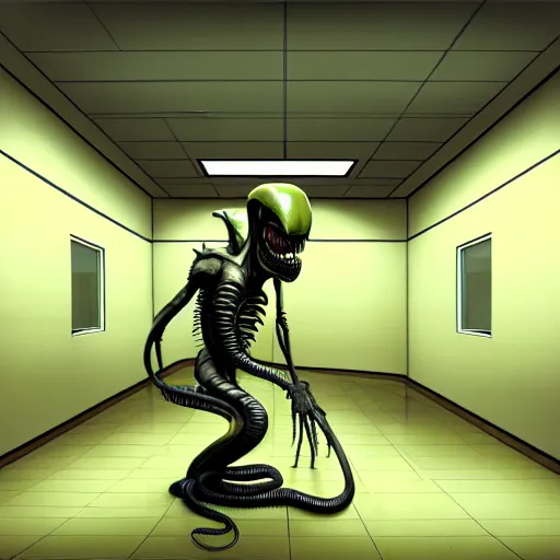 Image similar to detailed realistic xenomorph in an endless empty office building, pale yellow walls, moist brown carpet, defective fluorescent lighting, artstation, ultra detailed, creepy, photorealistic, nostalgia