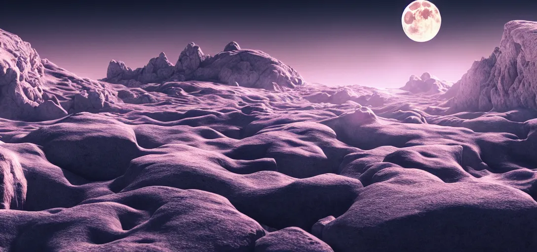 Image similar to uhd, filmic lighting, cinematic art shot, hyperrealistic, hyperdetailed, super detailed, 8 k, high resolution, moon landscape, white rocks made of bone, 8 k uhd matte painting, mega high white mountain, midnight