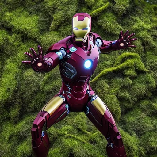 Prompt: overgrown iron man suit covered in moss and vines, 4k realistic photo