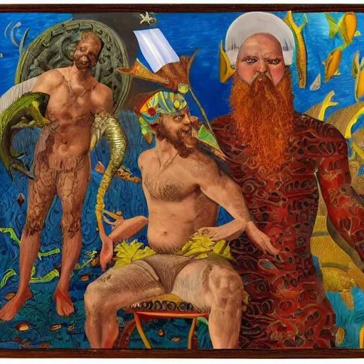Prompt: precise by william henry hunt, by faith ringgold. a computer art of a mythological scene. large, bearded man seated on a throne, surrounded by sea creatures. he has a trident in one hand & a shield in the other. behind him is a large fish. in front of him are two smaller creatures.
