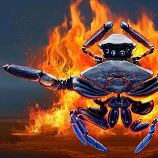 Image similar to a robot crab with the face of bill gates, background of flames.