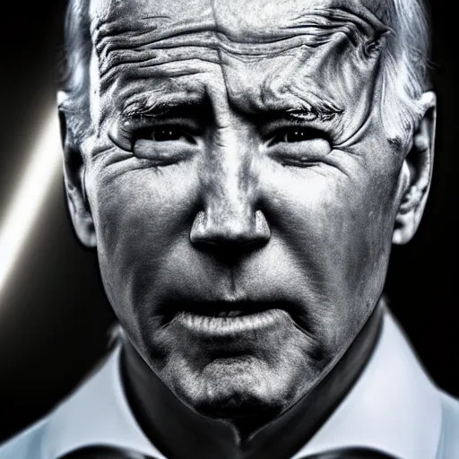 Image similar to portrait of asphalt face, joe biden, lasers shooting out of glowing eyes, smooth reflections, angry looking at camera, outdoor, black sky, 8 k, realistic, depth of field, rule of thirds, highly detailed, award winning photography.