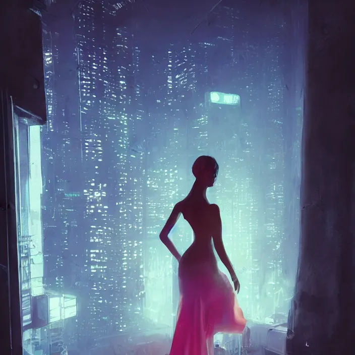 Image similar to portrait of a dancing girl wearing a gown, short hair, bed room, cyberpunk city view out of the window, no lights in bedroom, bright neon lights from the city, elegant, highly detailed, artstation, soft lights, night, fog, sharp focus