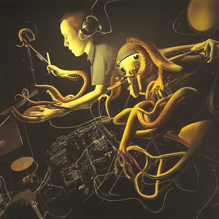 Prompt: a beautiful painting by etam cru of an octopus playing drums and telecaster guitar in an electronic concert, dark background, concert light, dark mood, warm lights