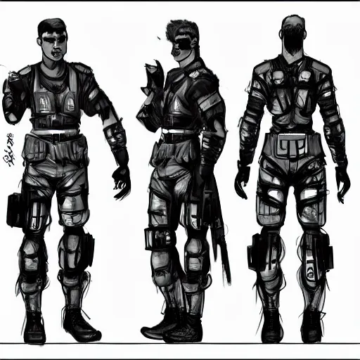 Image similar to ryan church concept art sketch cyberpunk solider black cloth character reference sheet