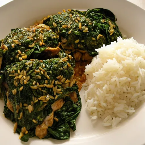 Image similar to spinach with rice and chicken, Michelin star, award winning