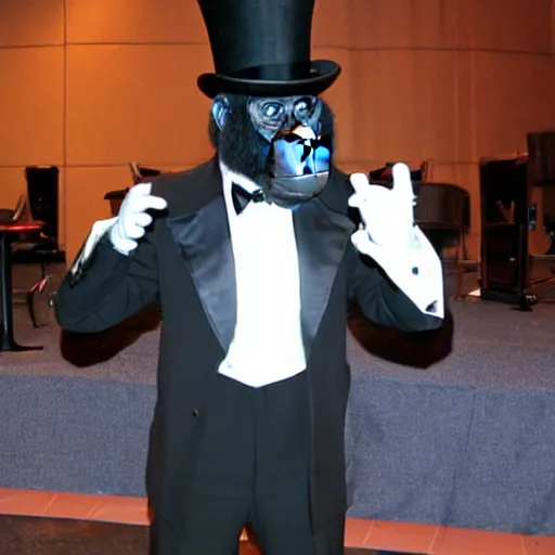 Prompt: a gorilla wearing a tuxedo and top hat while performing magic on a stage in Las Vegas