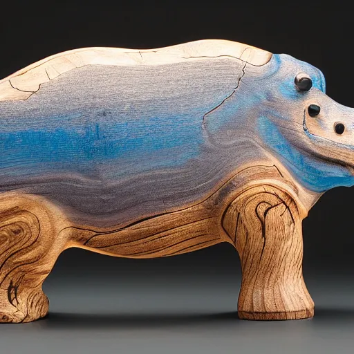 Prompt: a photo of a model hippo made of repurposed elm wood!!! composite mixed with straight lines blue epoxy resin!!, dramatic lighting, epoxy resin, studio zeiss 1 5 0 mm f 2. 8 hasselblad, award - winning photo, full subject shown in photo, wood