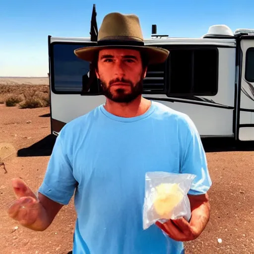 Image similar to argentinian trapper Duki holding a ziplock bag with baby blue meth, desert background, next to an rv, by stephen bliss, gta loading screen