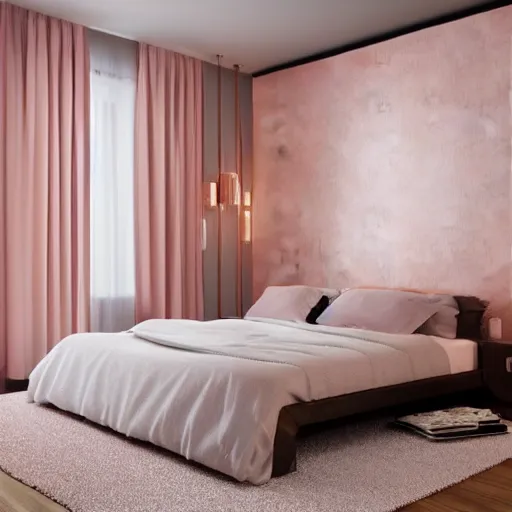 Prompt: 3 d render of modern bedroom in rose gold accents