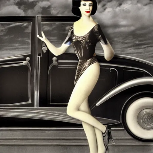 Image similar to art deco lady by the car city scenic, detailed, photorealistic