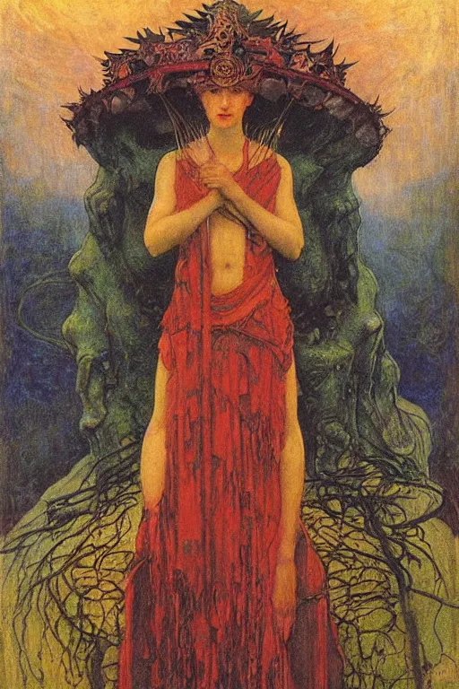 Image similar to queen of the swamp with her lantern by Annie Swynnerton and Nicholas Roerich and jean delville, strong dramatic cinematic lighting , ornate headdress , flowing robes, lost civilizations, smooth, sharp focus, extremely detailed