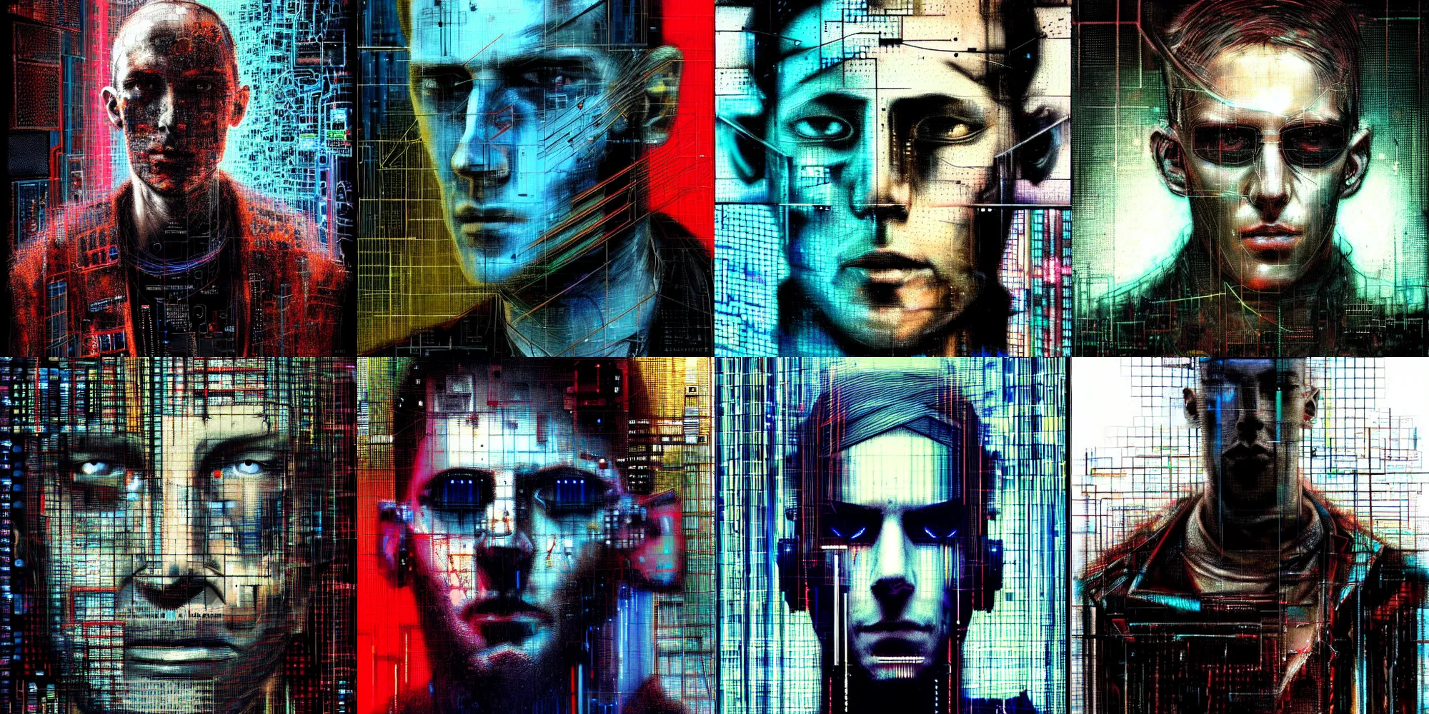 Prompt: hyperrealistic portrait of a cyberpunk man, by Guy Denning, Johannes Itten, Russ Mills, hacking effects, detailed lines, network, cybernetics, cables, computation, technological, color blocking!, digital, matte painting, insane detail, front view, symmetrical, octane, concept art, abstract, artistic, 8k, cinematic, trending on artstation