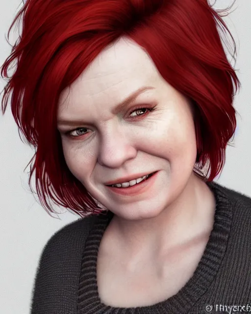 Image similar to portrait of happy short and plump 5 0 - year - old woman with red hair and, kind face, short hair, wearing in cardigan, hyper realistic face, beautiful eyes, character art, art by mark brooks, hyperdetailed, cryengine, trending on artstation, digital art