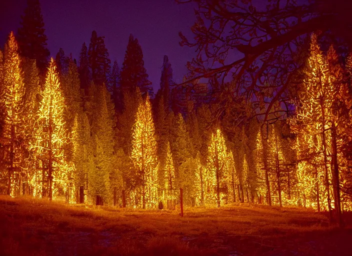 Image similar to a 2 8 mm macro kodachrome photo of ornate mechanical metallic trees with glowing lights and twisted electric wires in yosemite national park in the 1 9 5 0's, seen from a distance, bokeh, canon 5 0 mm, cinematic lighting, film, photography, golden hour, depth of field, award - winning, cyberpunk, neon