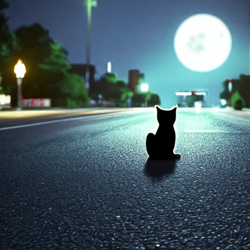 Prompt: black cat with big eyes in the middle of the street at mid night with the moon in the sky. Award winning. Unreal 5. Realistic. Highly detailed. Artstation. Professional photographer.