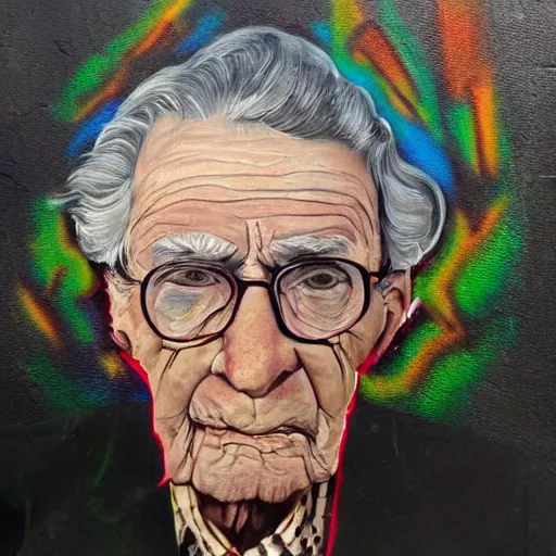 Image similar to street art rightful detailed portrait of dan myers at elderly age of 1 0 5