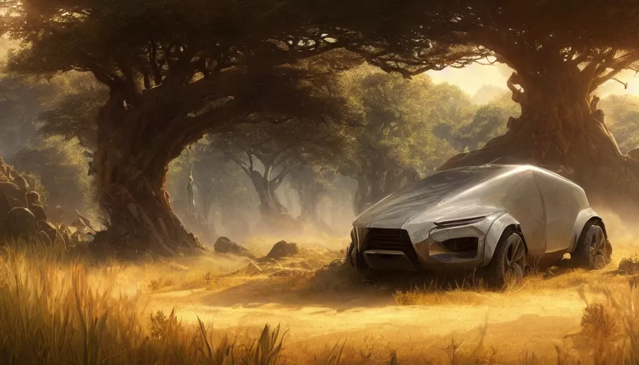 Image similar to a concept suv designed by apple driving through african savanna, artgerm and greg rutkowski and alphonse mucha, an epic fantasy, volumetric light, detailed, establishing shot, an epic fantasy, trending on art station, octane render, midsommar