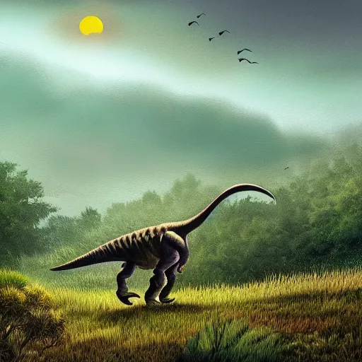 Image similar to dinosaur in the distance walking through shrubbery, over hills, misty, sunset, painting, detailed landscape