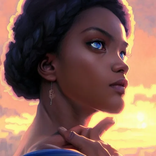 Image similar to a Photorealistic dramatic hyperrealistic bright blue eyes, African American elegant girl, black hair, white veil,by WLOP,Artgerm,Greg Rutkowski,Alphonse Mucha, Dang My Linh, Beautiful dynamic dramatic bright sunset lighting,shadows,cinematic atmosphere,Artstation,concept design art,Octane render,8k