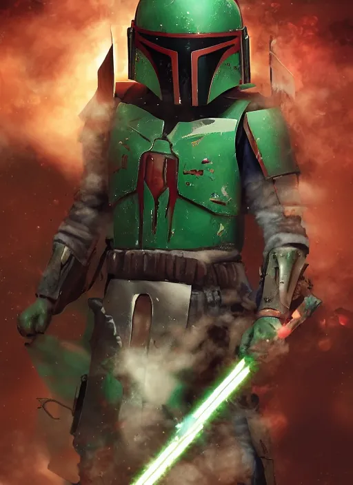 Prompt: arcane wizard x boba fett, 3 d digital art, character mashup, epic volumetric lighting, combination art, photorealistic