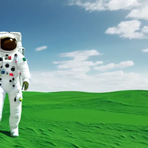 Image similar to A 3D render of an astronaut walking in a green desert