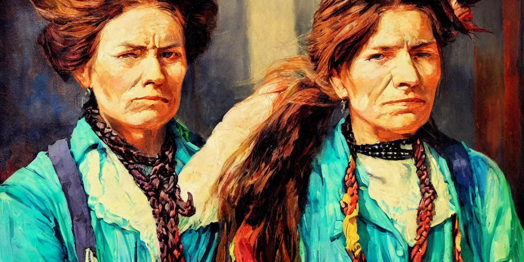 Image similar to portrait of an wild west outlaw woman, colorful