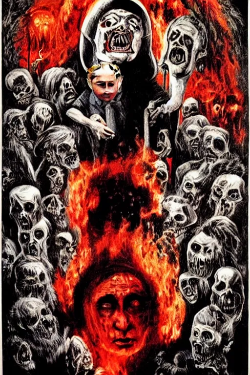 Prompt: putin went to hell, art in the style of a poster for horror films in a cinema, detailed art in color