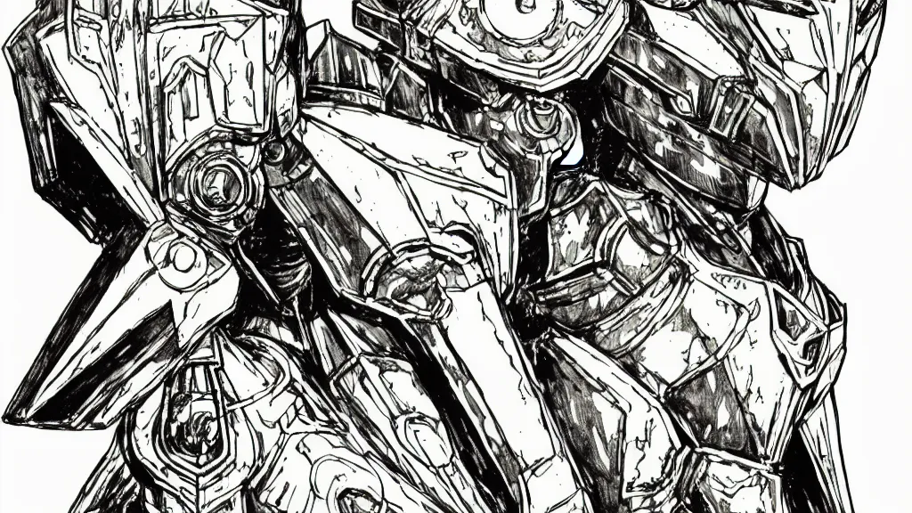 Prompt: prompt: human Fragile looking character portrait face, Human inside modernistic looking armor with wild hairstyle, inspired by Evangeleon and Gundam anime, clean ink detailed line drawing, intricate detail, high detail, manga 1980, poster composition