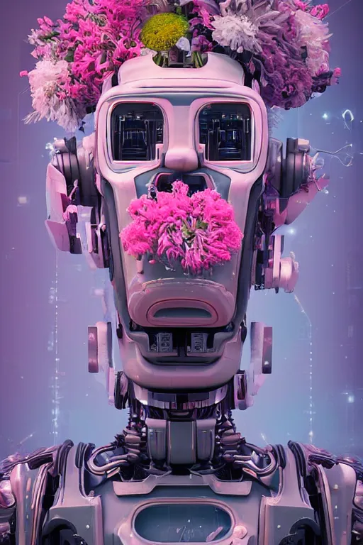 Prompt: a robot with flowers on his head, cyberpunk art by Mike Winkelmann, by Filip Honda, trending on cgsociety, panfuturism, made of flowers, glitch art, rendered in cinema4d