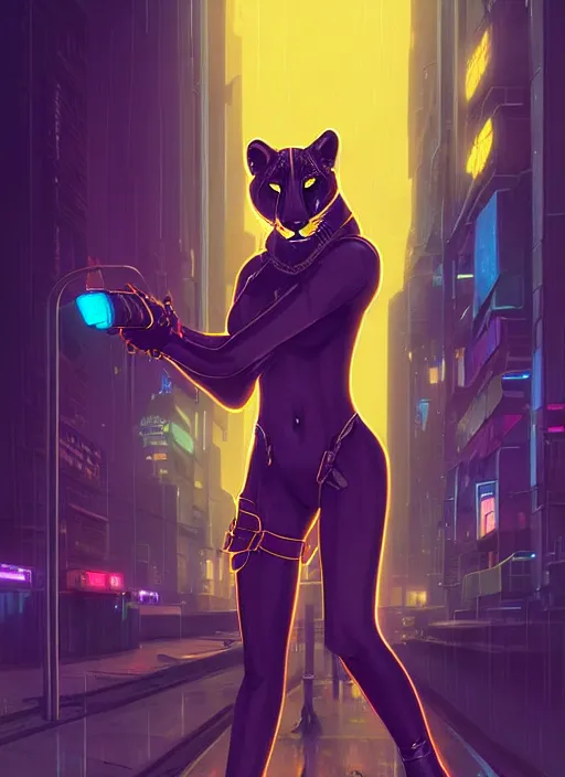 Prompt: beautiful portrait commission of a female furry anthro cougar fursona wearing a police uniform. Cyberpunk city at night in the rain. Neon light. Atmospheric. Character design by charlie bowater, ross tran, artgerm, and makoto shinkai, detailed, inked, western comic book art