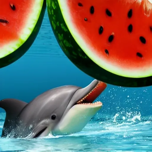 Prompt: dolphin swallowing a watermelon