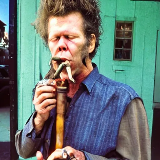 Image similar to tom waits with the body of a spider, smoking a pipe, on the streets of san diego