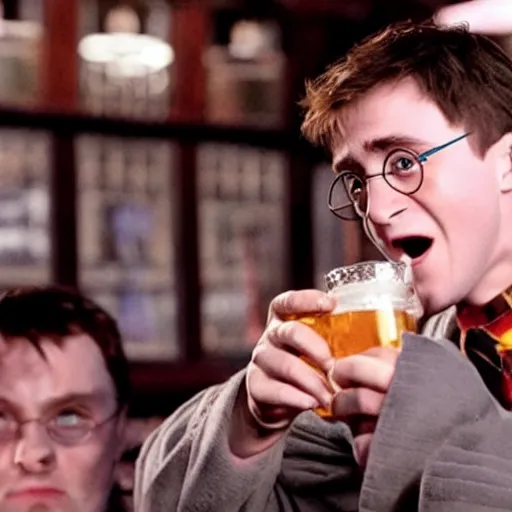 Prompt: harry potter drinking vodka in a pub