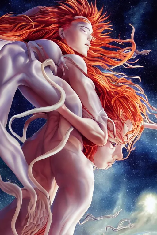 Image similar to poster for the end of Evangelion Apollo the sun God, glowing white skin, angelic augmented cyborg with very very long curly blond hair, fantasy, intricate, elegant, dramatic lighting, emotionally evoking symbolic metaphor, highly detailed, lifelike, photorealistic, digital painting, artstation, concept art, smooth, sharp focus, illustration, art by John Collier and Albert Aublet and Krenz Cushart and Artem Demura and Alphonse Mucha