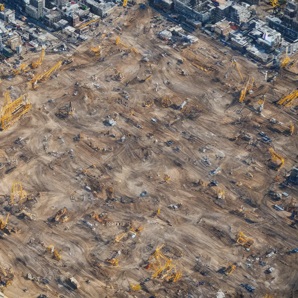 Prompt: golden construction site, birds eye view