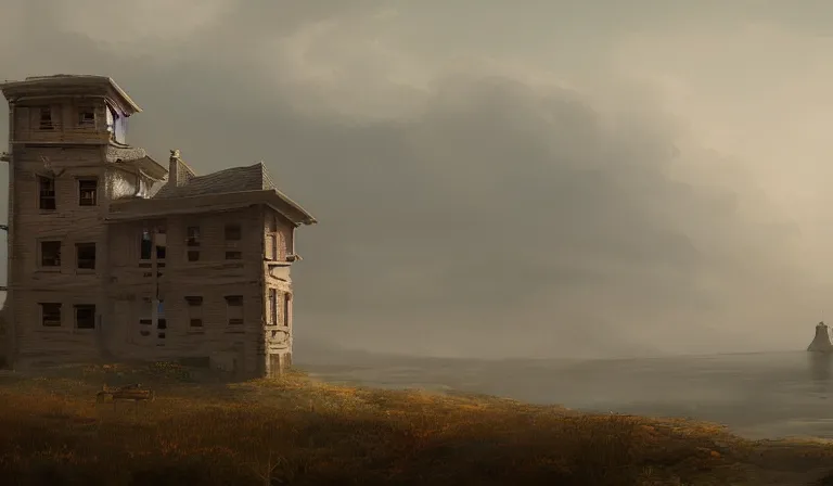 Prompt: A serene landscape with a singular building in the style of a sad and dreadful matte painting