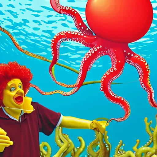 Image similar to Ronald mcdonald eating an octopus underwater