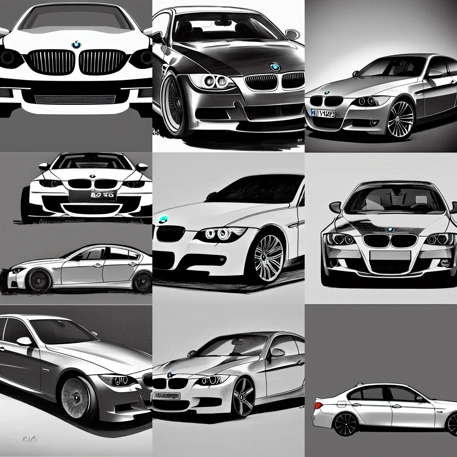 Prompt: BMW 3er E91, detailed sketch, black and white, side front view