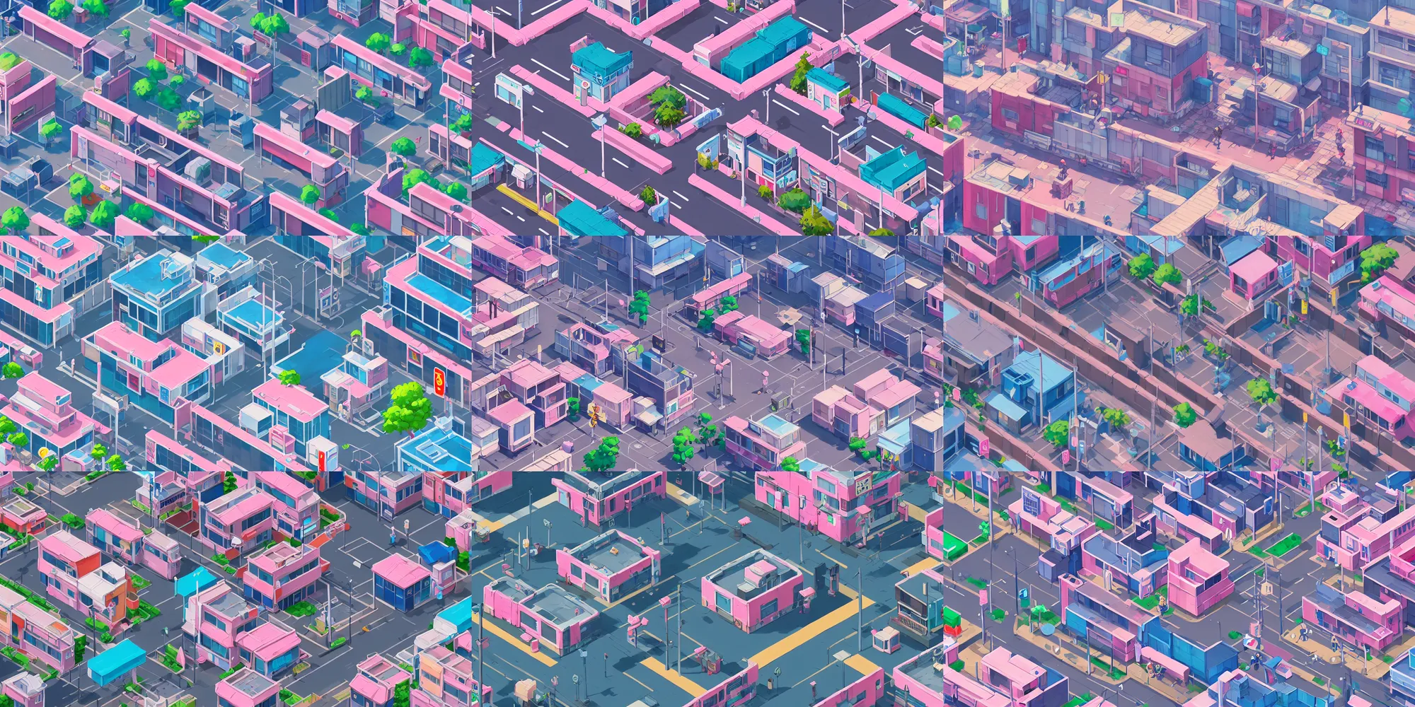 Prompt: game asset of modular japanese city and streets, in gouache detailed paintings, props, stylized, 2 d sprites, kitbash, arcane, overwatch, blue and pink color scheme, 8 k, close up